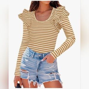 Ruffle Sleeve Striped Top - Brown and White